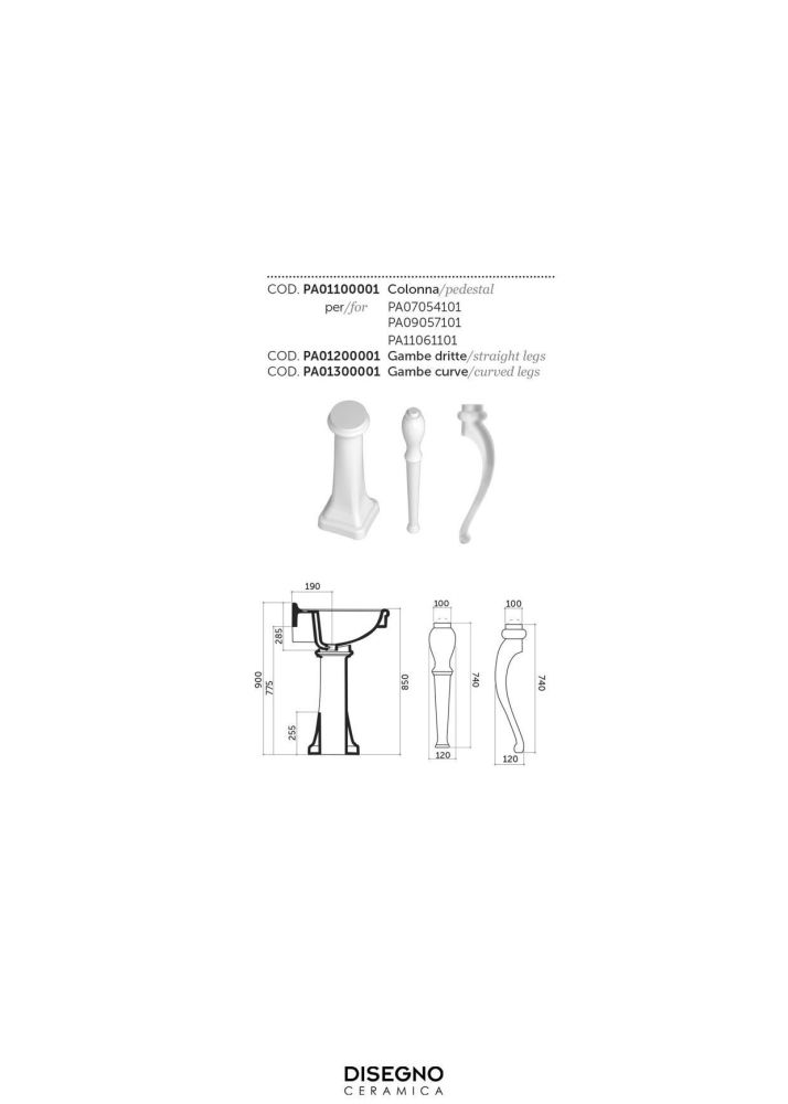 Disegno ceramica Paolina, пьедестал для раковин PA07054101, PA09057101, PA11061101, цвет белый глянцевый, артикул PA01100001