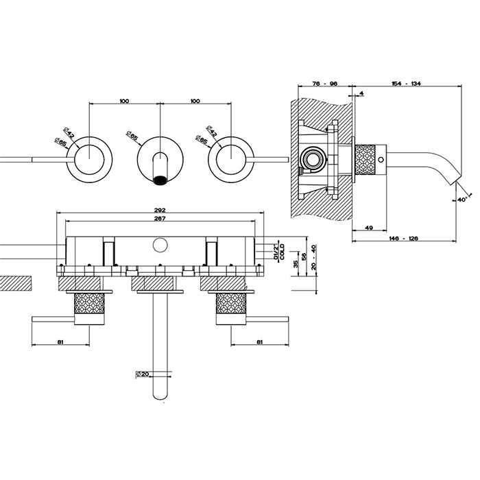 GESSI 316 Встраиваемый смеситель для раковины с изливом 146-128мм (внешняя часть), цвет: brushed black metal pvd