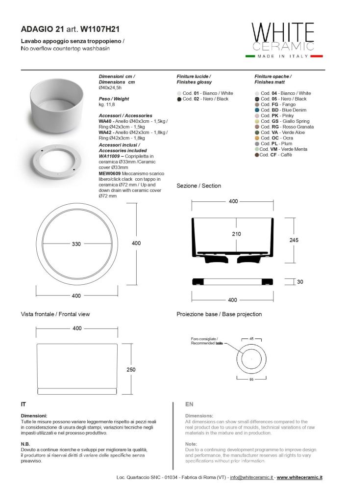 White Ceramic Adagio, накладная круглая раковина Ø40x24,5h см, с накладкой, донным клапаном и керамическим кольцом Ø42 см, цвет белый глянцевый, артикул W1107H2101