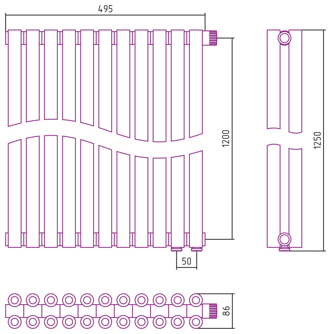 Отопительный радиатор ЭСТЕТ-00 н/ж EU50 1200х495 / 11 сек (Матовый БЕЛЫЙ)