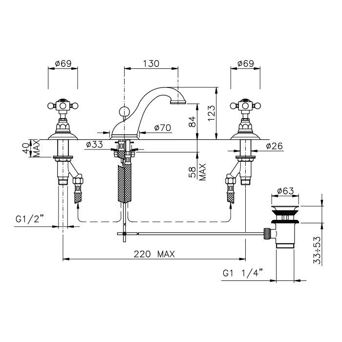 Nicolazzi Half Dome Crystal Смеситель для раковины  с автоматическим сливом на 3 отверстия, излив: 130 мм, цвет: Gold Brass