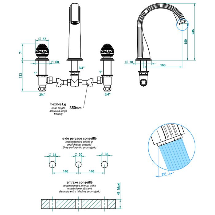 THG MARQUISE BLANC DECOR PLATINE Смеситель на борт ванны, на 3 отверстия, без ручного душа, ручки белые, декор платина, цвет хром