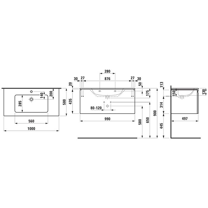Laufen PRO S комплект: шкафчик с раковиной, 1000х500х460 мм, с раковиной Slim 1000 мм, 1 внутренний ящик, вкл.органайзер для ящика, белый матовый, артикул 8.6096.6.463.104.1