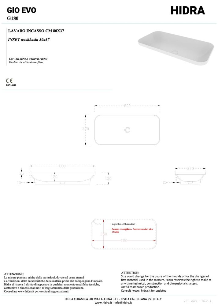 Hidra Gio,  встраиваемая прямоугольная раковина с закругленными краями 80x37x15h см, цвет белый матовый, артикул G180/006