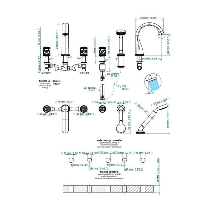 THG HIRONDELLES Смеситель на борт ванны на 5 отверстий, двойной, с ручным душем, цвет Soft gold