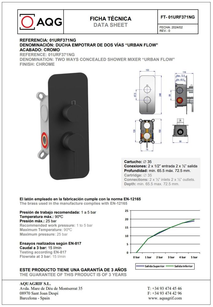 AQG Urban Flow, встраиваемый смеситель для душа на 2 выхода, с дивертером, цвет черный матовый, артикул 01URF371NG