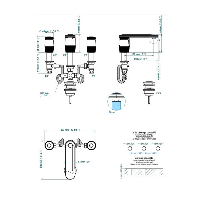 THG CORVAIR FIOR DI BOSCO Смеситель для раковины на 3 отверстия, с донным клапаном, цвет Blush PVD