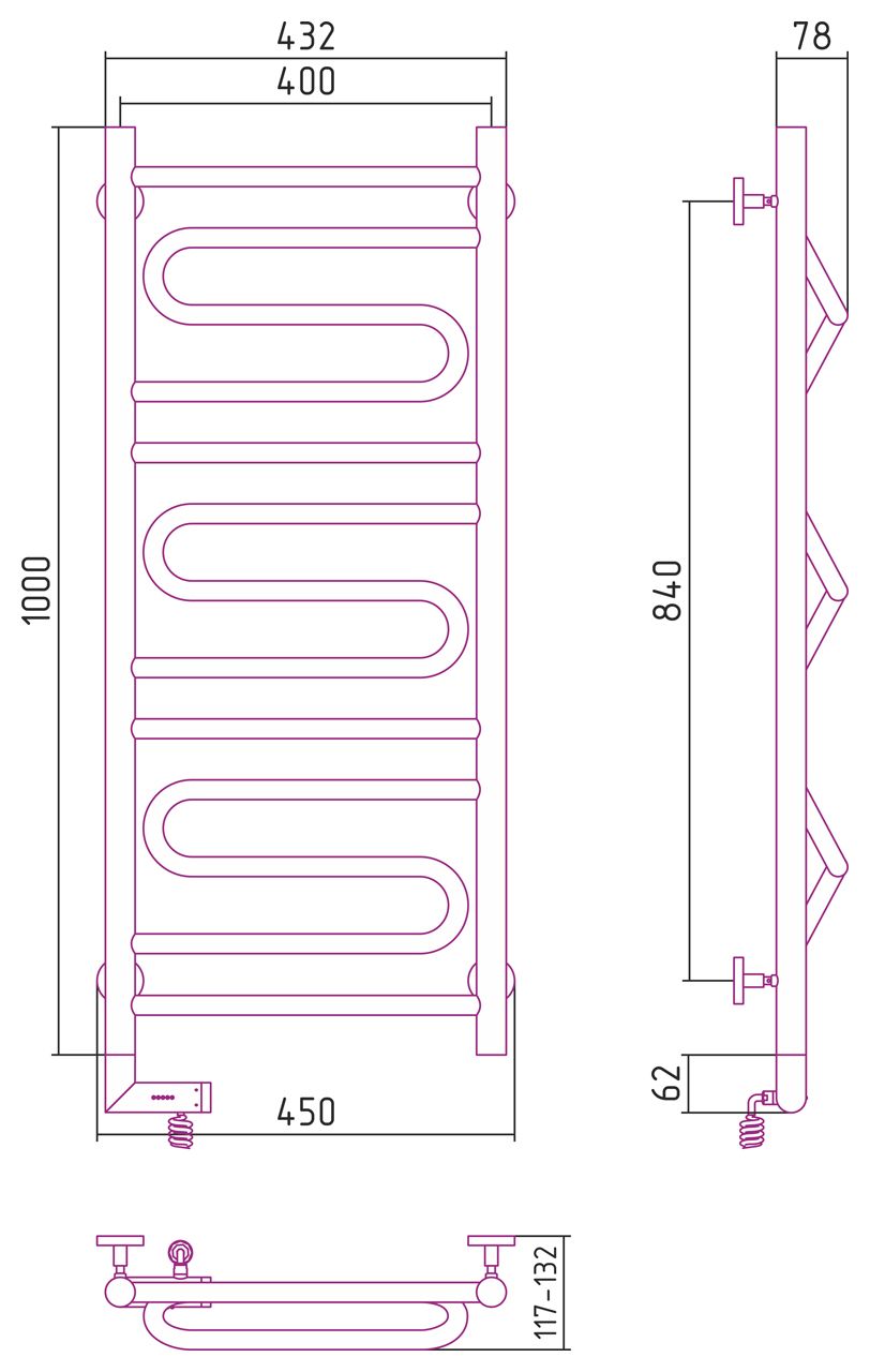 Полотенцесушитель электрический "ЭЛЕГИЯ 2.0" 1000х400 / МЭМ левый (Без покрытия)