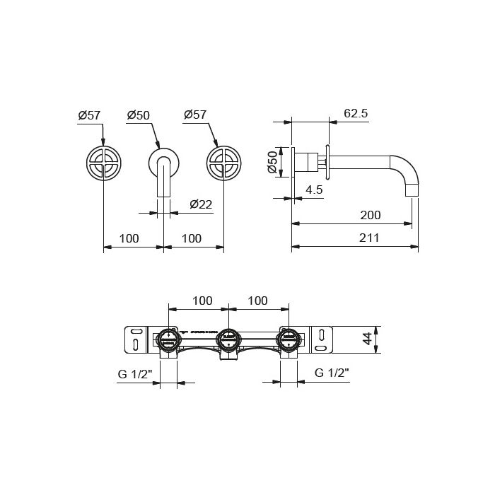 Fantini Fontane Bianche Смеситель для раковины, встраиваемый, на 3 отв., без донного клапана, излив 200мм, (наружняя часть), цвет: Matt Gun Metal PVD