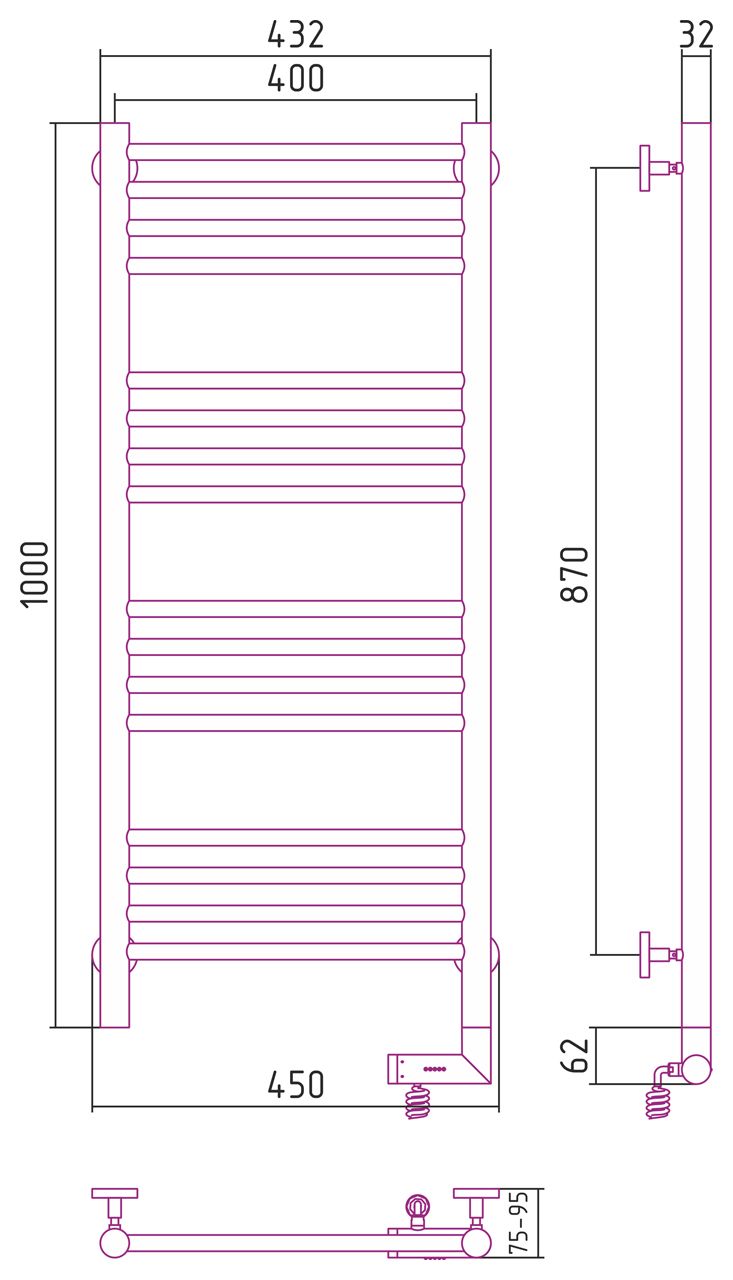 Полотенцесушитель электрический "БОГЕМА 2.0" прямая 1000х400 / МЭМ правый (Без покрытия)