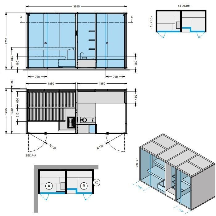 Effegibi BodyLove SH  393x176xh220 см, размещ. в угол S.X., сауна-термообр.дерево, хаммам кер.гранит Champagne, наруж. стены термообр. древесина гл-ая