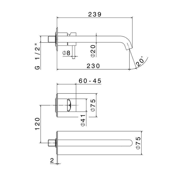 Newform X-STEEL 316 Смеситель для раковины настенный, без донного клапана, излив 239мм, наружная часть, (для 27852) цвет: PVD Brushed pale gold, артикул 69630EX.59.098