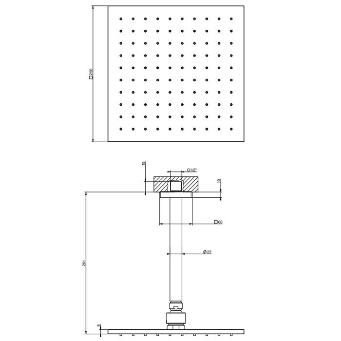 GESSI Rilievo Потолочная душевая головка шарнирная 250x250 мм на 1/2", цвет: nero XL