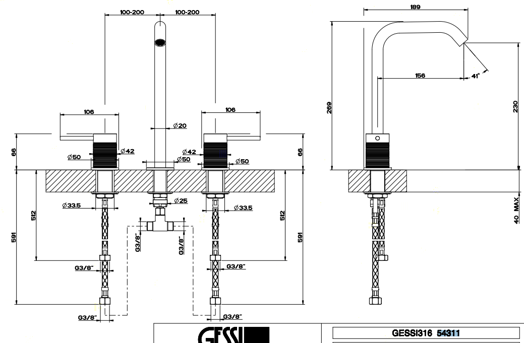 GESSI 316 Смеситель для раковины на 3 отверстия, без донного клапана, излив 156мм, h=269мм, цвет: steel brushed