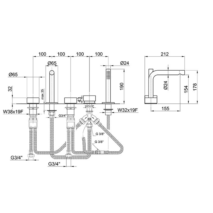 Fantini AF/21 Смеситель на борт ванны, 5 отв., с ручн душем, излив 155мм, цвет: Matt British Gold PVD
