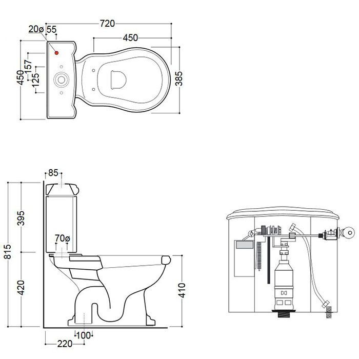 Kerasan Retro Бачок для унитаза моноблок 1012/1013, с боковым отверстием для ручки механизма, (без механизма слива), цвет белый