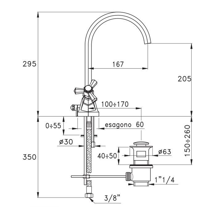 Stella Eccelsa Смеситель для раковины на 1 отверстие 3217P, с донным клапаном и высоким изливом, цвет: хром
