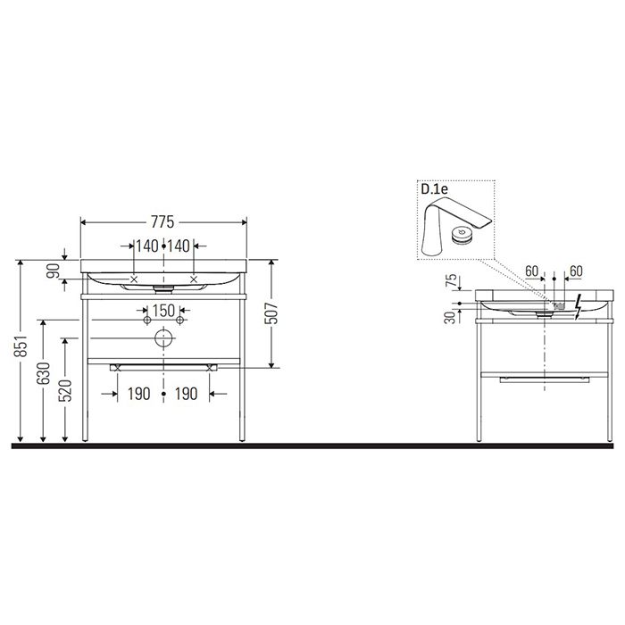 Duravit Happy D.2 Plus Консоль напольная с умывальником 775х490х850 мм, с 1 отв под смесит, 1 полка, выпуск, цвет белый глянцевый