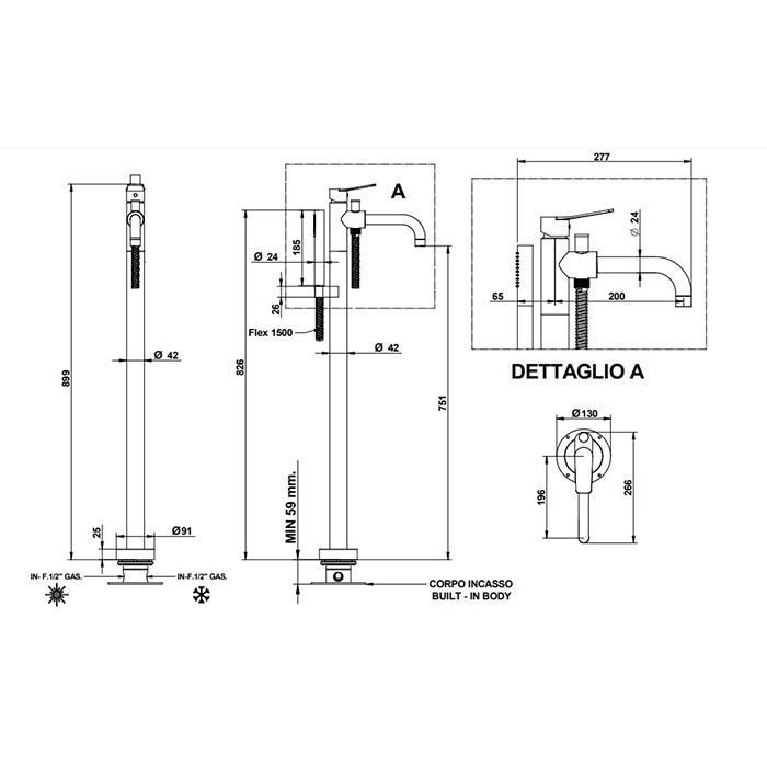 Bongio GIO2 Смеситель напольный для ванны 899 мм, излив 200 мм, цвет хром (без встраиваемой частьи 09744), артикул 80534CR0DPREU