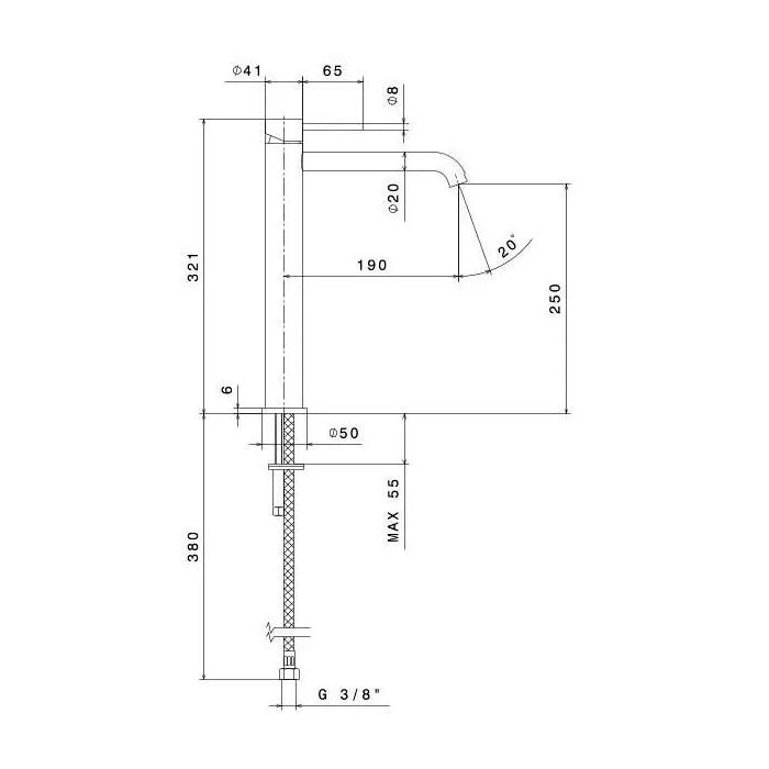 Смеситель для раковины ETERNA однорычажный, высокий, без донного клапана 3/8”, нержавеющая сталь, артикул 69615XKM.50.050