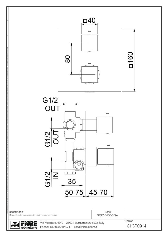 Fiore X-Termo, встраиваемый в стену смеситель для душа на 3 выхода, с термостатом (квадратная панель и ручки), цвет хром, артикул 31CR0914