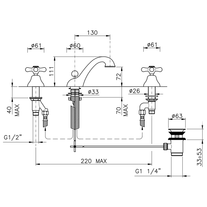 Nicolazzi Nuova Brenta Смеситель для раковины на 3 отверстия, с донным клапаном, излив: 130мм, цвет: хром