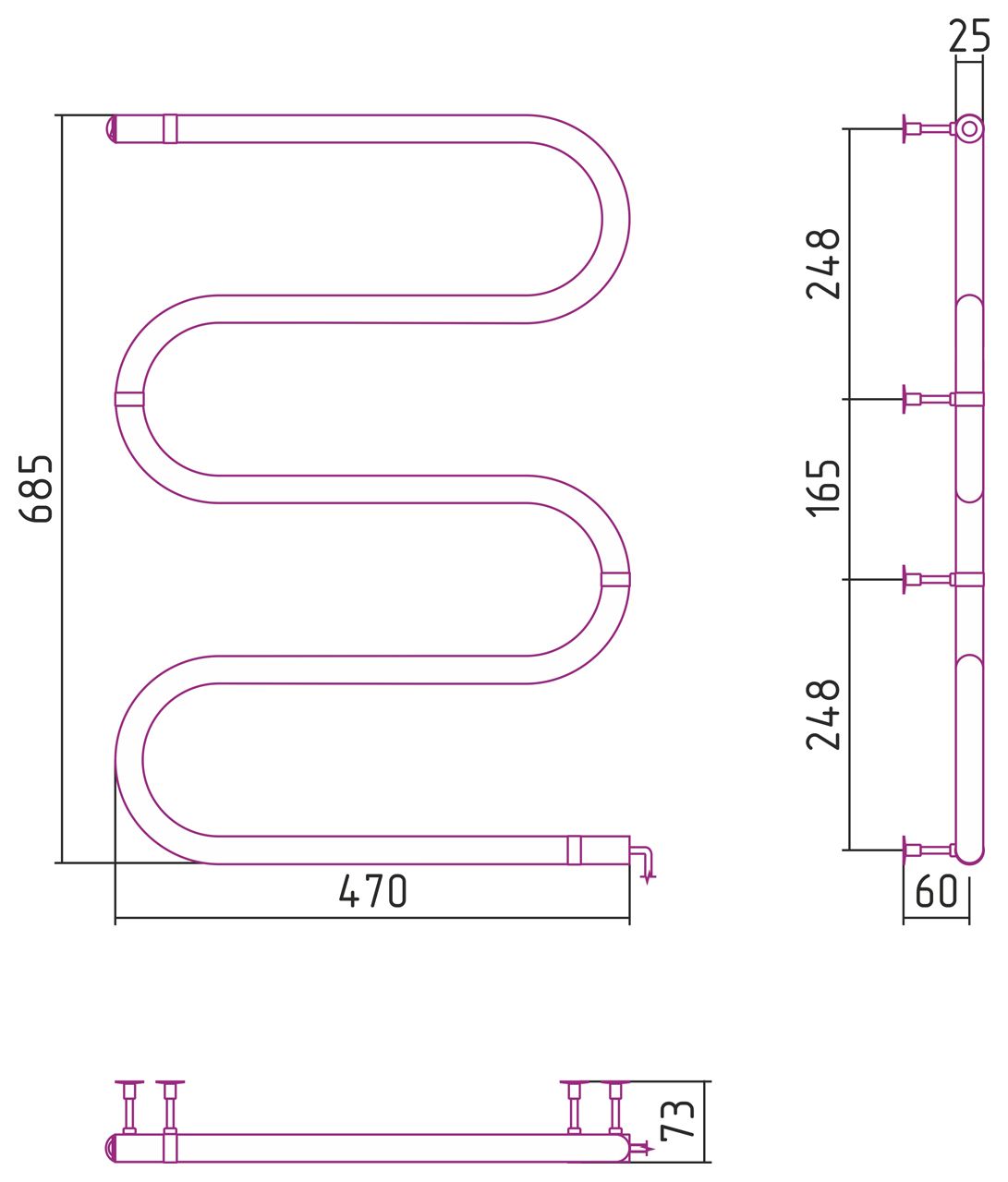 Электрический полотенцесушитель СТИЛЬЕ №04 МS-образный 700х500 (64 Вт) (Без покрытия)