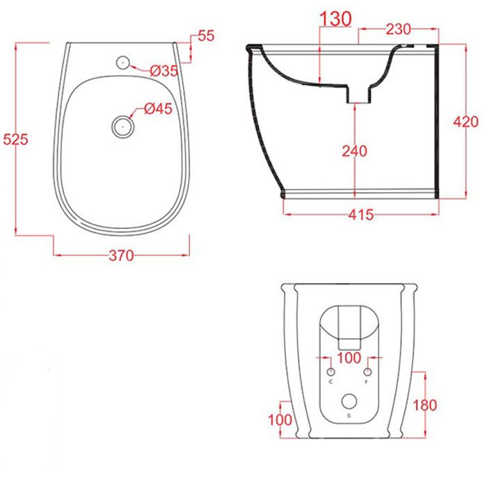 Artceram AZULEY  Биде напольное приставное 36*52см c креплением, с 1 отв под смеситель  цвет черный