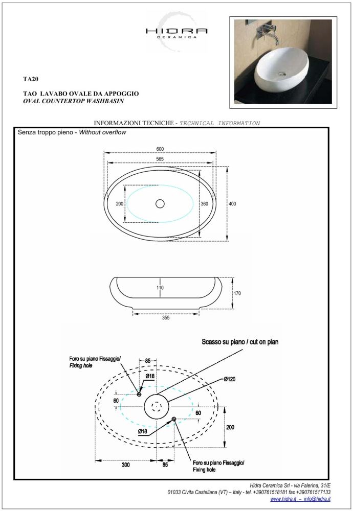 Hidra Tao, накладная овальная раковина 60x40x17h см, цвет белый глянцевый, артикул TA20/001