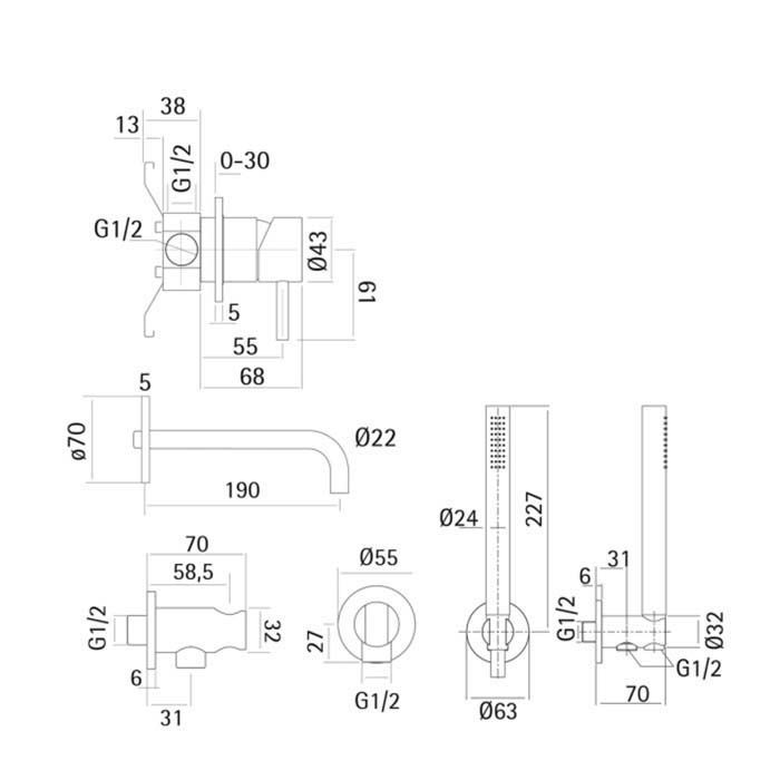CISAL Xion Встраиваемый  смеситель для ванны/душа на 4 отв,с ручным душем ,внешняя и внутренняя части в комплекте, цвет нержавеющая сталь