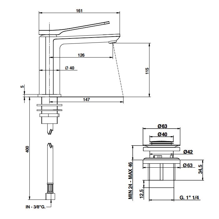 Bongio GIO2 Смеситель для раковины на 1 отв., излив 126 мм, с донным клапаном, цвет: черный матовый