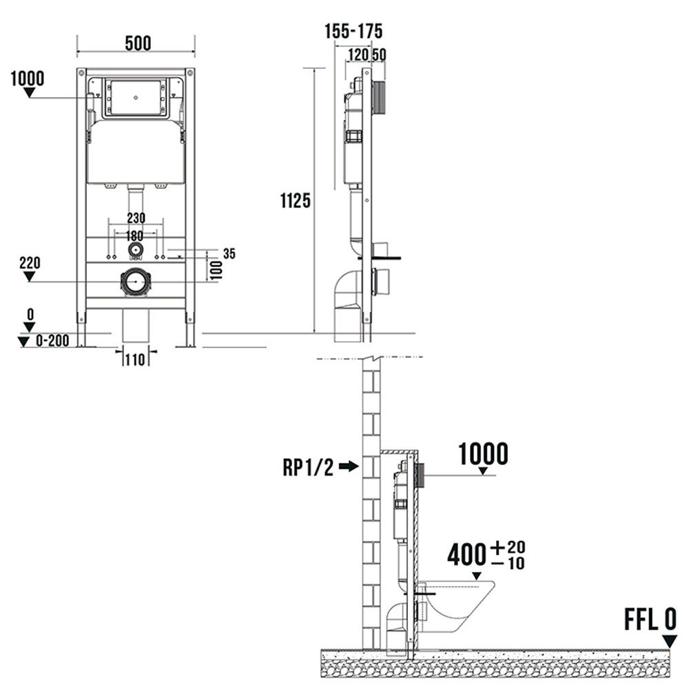 Пневматическая система инсталляции для подвесного унитаза 4 в 1 Terminus, с клавишей, артикул 33iP50х112R