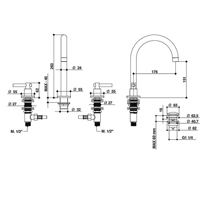 Bongio T Lever Смеситель для раковины на 3 отв., цвет хром