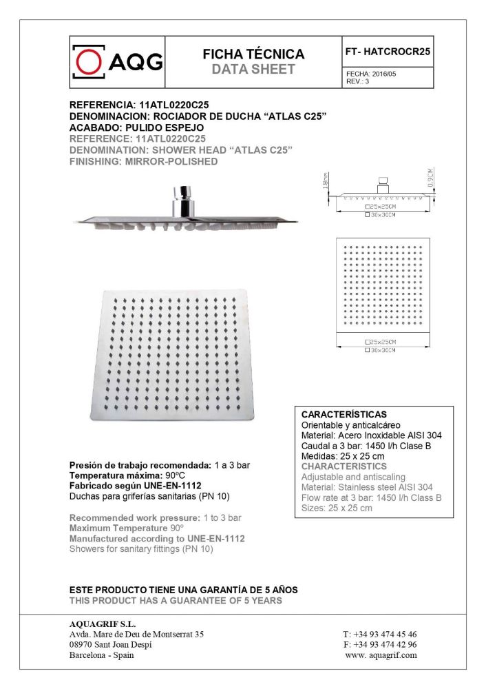 AQG, душевая квадратная ультраплоская антикальковая головка ATLACC 25х25 см, цвет хром
