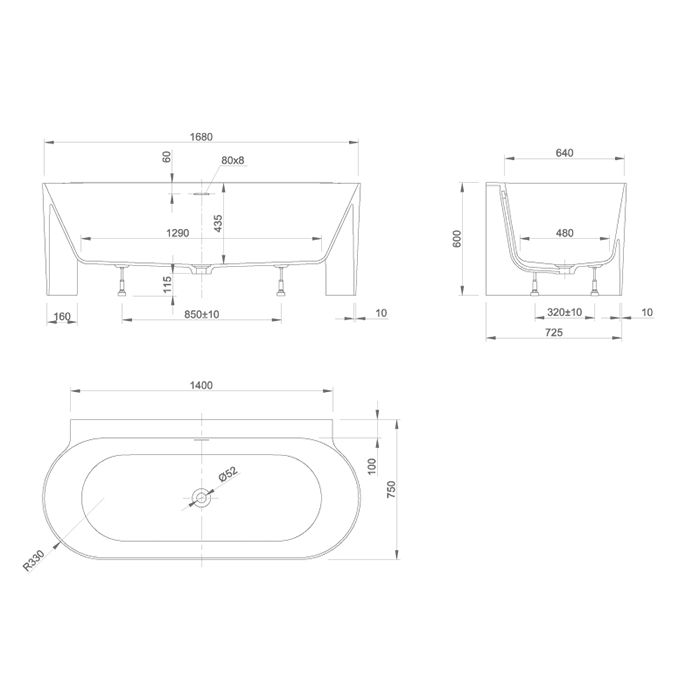 Ванна, KNIEF, Coast, ширина, мм-1700, глубина, мм-750, высота, мм-600, тип установки-пристенный, щелевой слив системы click, цвет-белый матовый