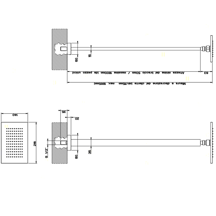 Gessi Rettangolo Верхний душ для потолочного крепления 216x140мм, высота от 115 до 1865мм, цвет: хром
