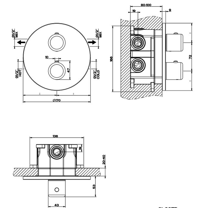 Gessi Goccia Встраиваемый термостат, подключение на 3/4”, с переключателем на 2 выхода(внешние части), цвет: белый