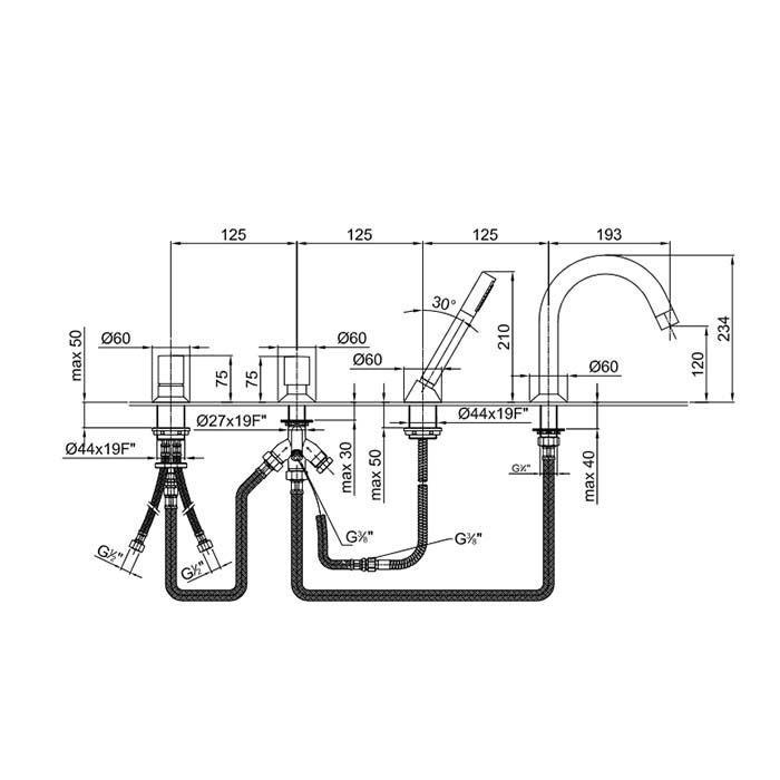 Смеситель для ванны и душа, Fantini, Nostromo, тип открывания воды-двухвентильный, тип установки-на борт ванны, отверстия для монтажа-4, вынос излива, мм-193, цвет-черный матовый