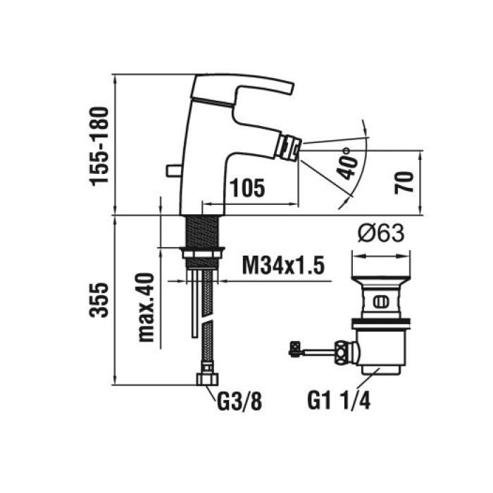 Смеситель для биде, Laufen, Curve Pro, тип открывания воды-однорычажный, тип регулирования воды-керамический картридж, отверстия для монтажа-1, высота, мм-180, вынос излива, мм-105, донный клапан-есть, тип подводки-гибкая, стандарт подвода воды-3/8", цвет
