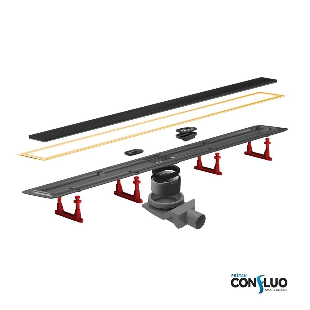 Душевой лоток, Pestan, Confluo Premium Line Black Glass Gold, ширина, мм-120, длина, мм-850, высота, мм-105, монтаж-в пол, пропускная способность, л/сек-0,8, выход Ø50 мм, поворот базы 360°, сифон-есть, материал сифона-полипропилен, опоры-есть, декоративн