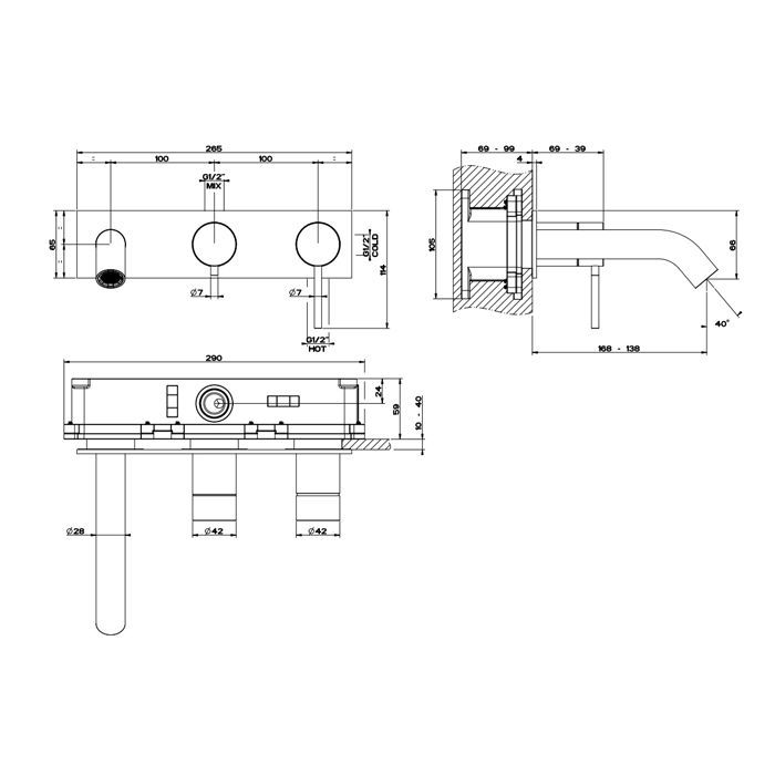 GESSI 316 Встраиваемый смеситель на 2 источника, с изливом 168-138мм и переключателем (внешняя часть), цвет: Black XL