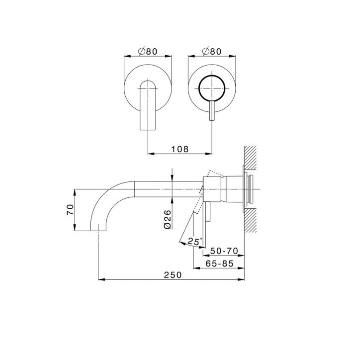 CISAL Less New Смеситель для раковины настенный однорычажный , излив 250 мм, (без встроенной части ZA002450-ZA025510), цвет хром