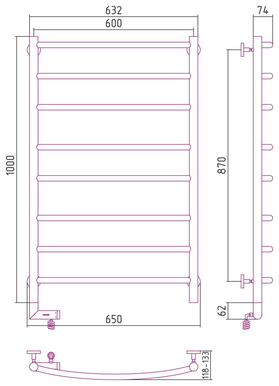 Полотенцесушитель электрический "ГАЛАНТ 2.0" 1000х600 / МЭМ левый (Матовый Чёрный)