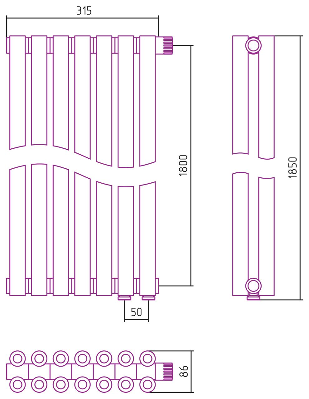Отопительный радиатор ЭСТЕТ-00 н/ж EU50 1800х315 / 7 сек (Матовый БЕЛЫЙ)