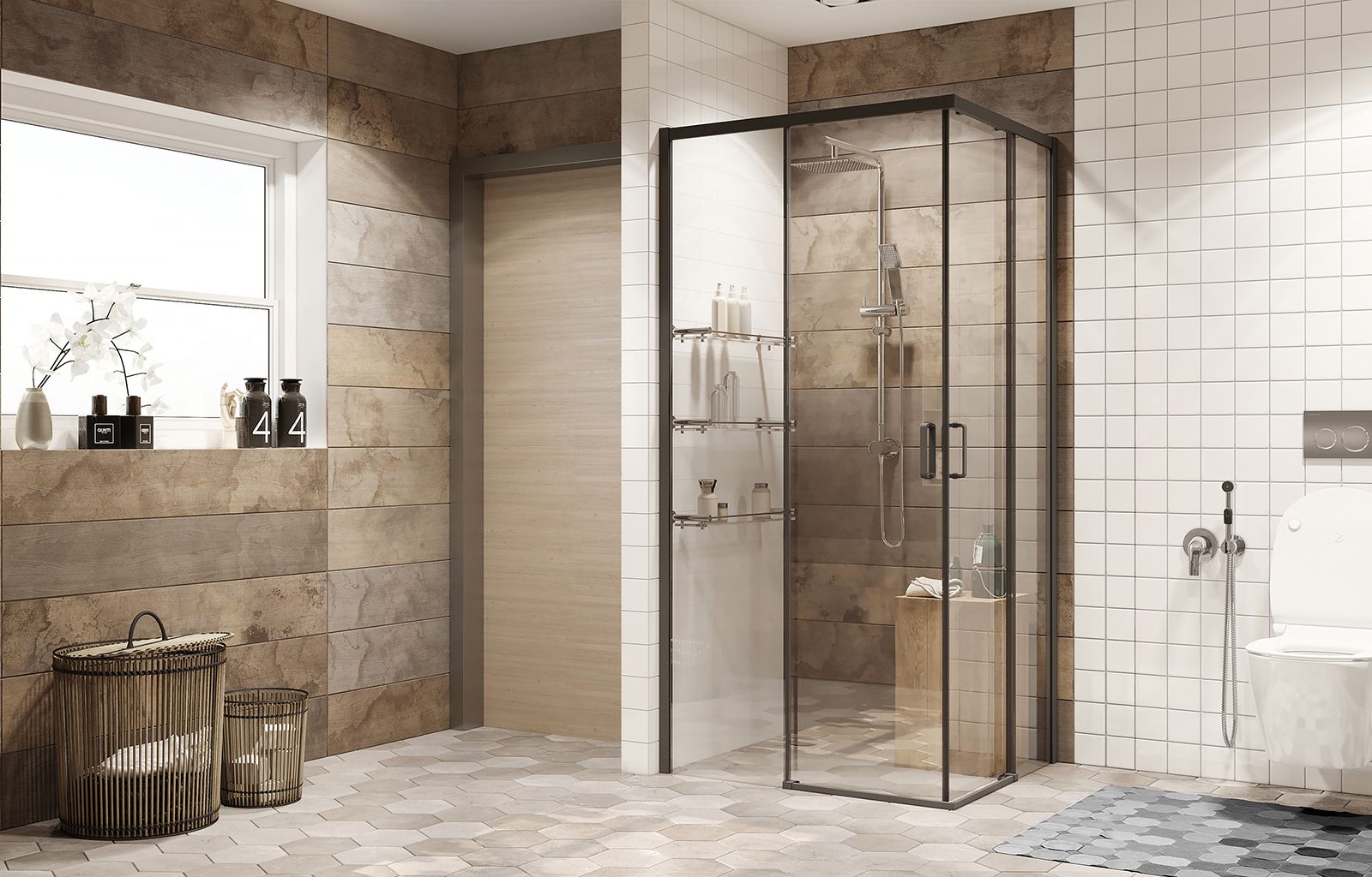 Душевой уголок Ambassador Queen Black 11011204-ST9, квадратный, линейный трап, 100х100