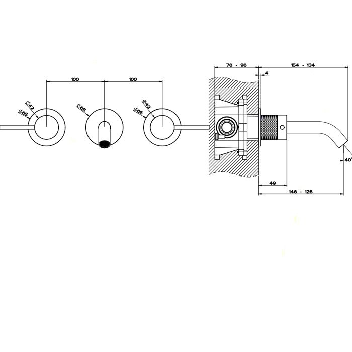 GESSI 316 Встраиваемый смеситель для раковины на 3 отверстия, излив 146-128мм (внешние части), цвет: steel brushed