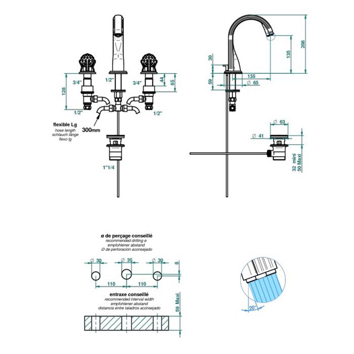 THG NAJEM Смеситель для раковины на 3 отверстия, с донным клапаном, цвет полированное золото