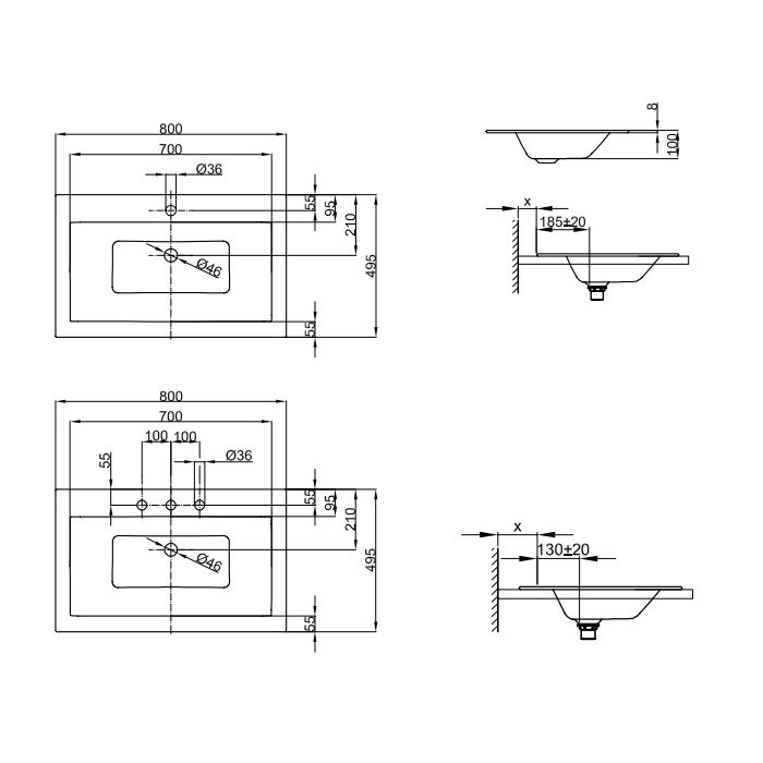 BETTE Loft Раковина встраиваемая сверху 800х495х100 мм, без перелива, без отв под см. цвет белый