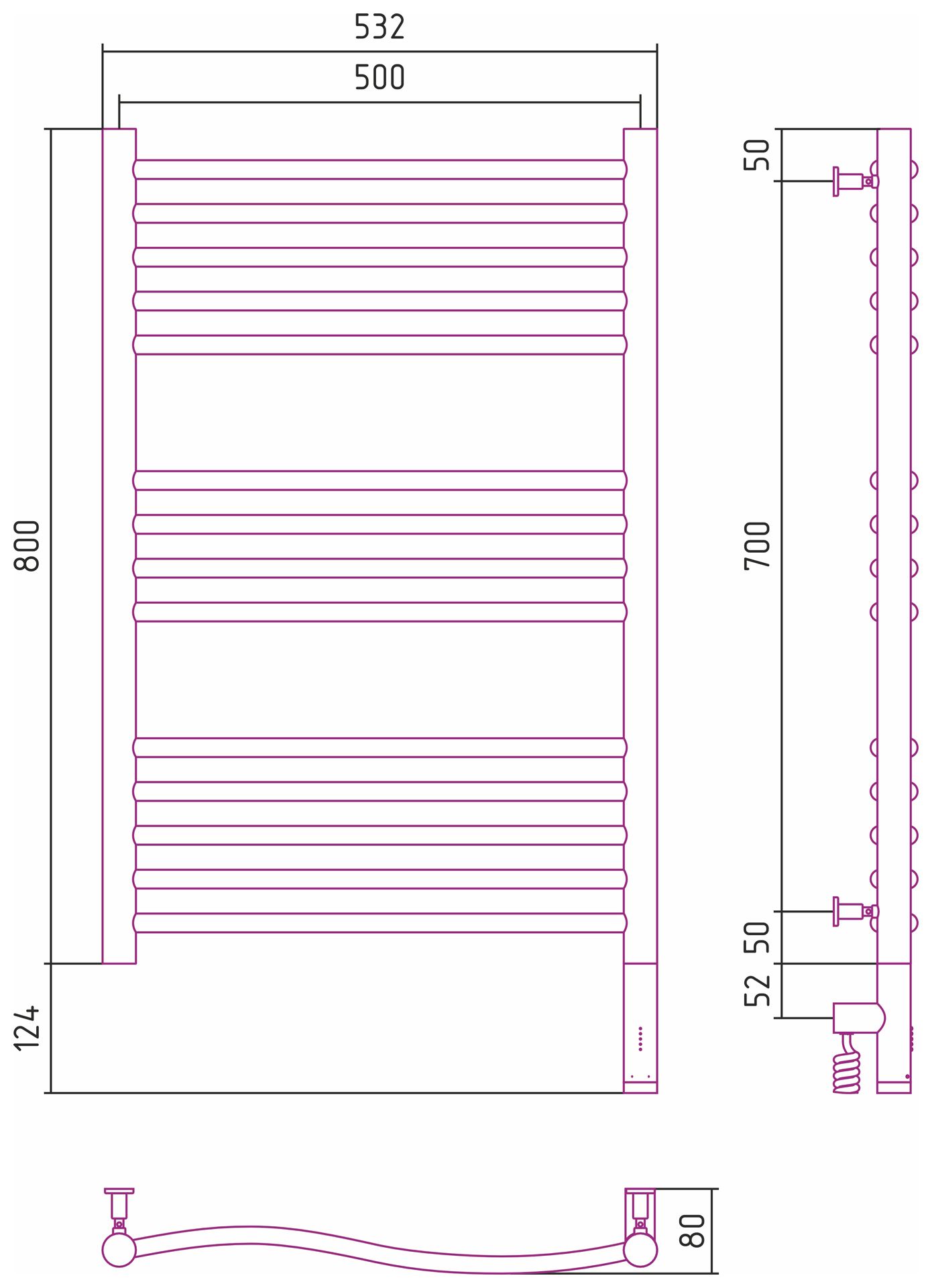 Полотенцесушитель электрический ФЛЮИД 3.0 800х500 МЭМ правый (Без покрытия)