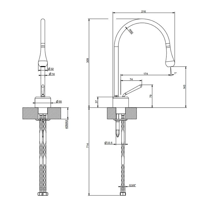 Gessi Goccia Смеситель для раковины на 1 отверстие, излив 174мм R=90, цвет: Gold CCP